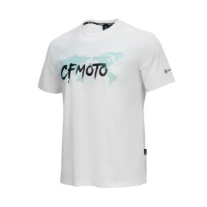 CFMOTO T-shirt wit met turquoise wereldkaart en zwarte merknaam